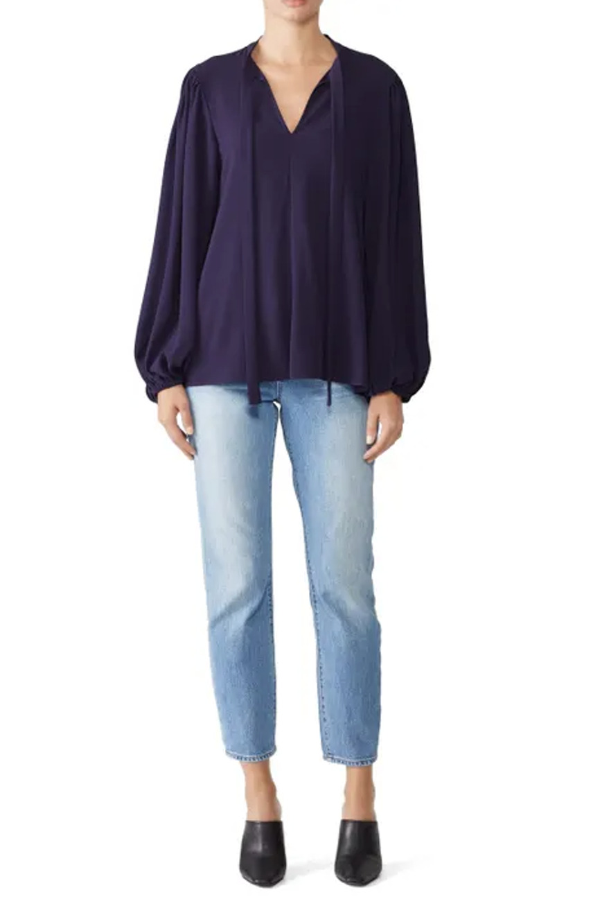 Elizabeth & James Savannah Navy Tie Neck Crepe Blouse Size XS